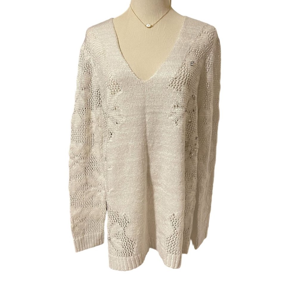 Anthropologie Aratta Silent Journey Silver Beige Lacy Embellished Sweater